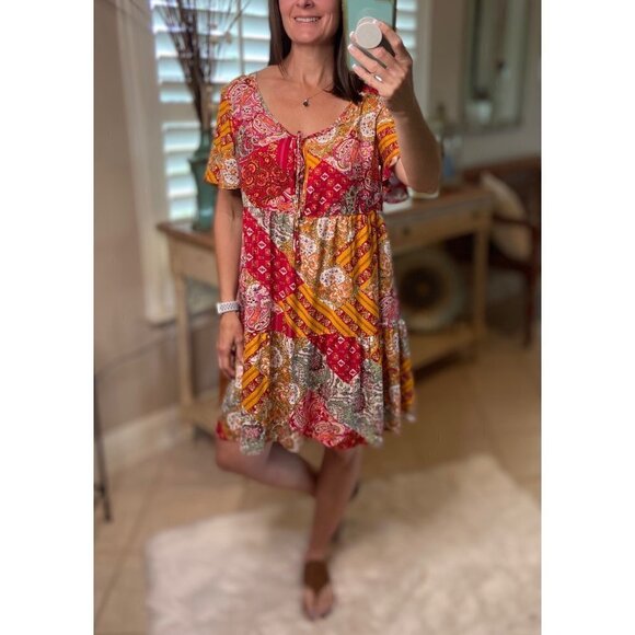 Boho Patchwork Floral V Neck Tie Keyhole Babydoll Chic Dress Red 1821 - Picture 3 of 9